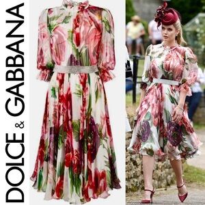 Dolce & Gabbana Peony Print Chiffon Dress With Crystal Belt